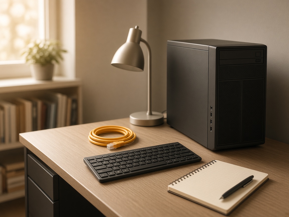 Warm desk still life with a desktop tower, keyboard, coiled ethernet cable, and notebook