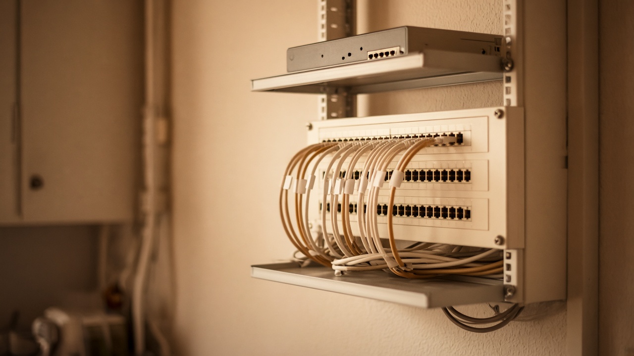 Warm amber photo of a wall-mounted patch panel and labeled network cabling in a small office