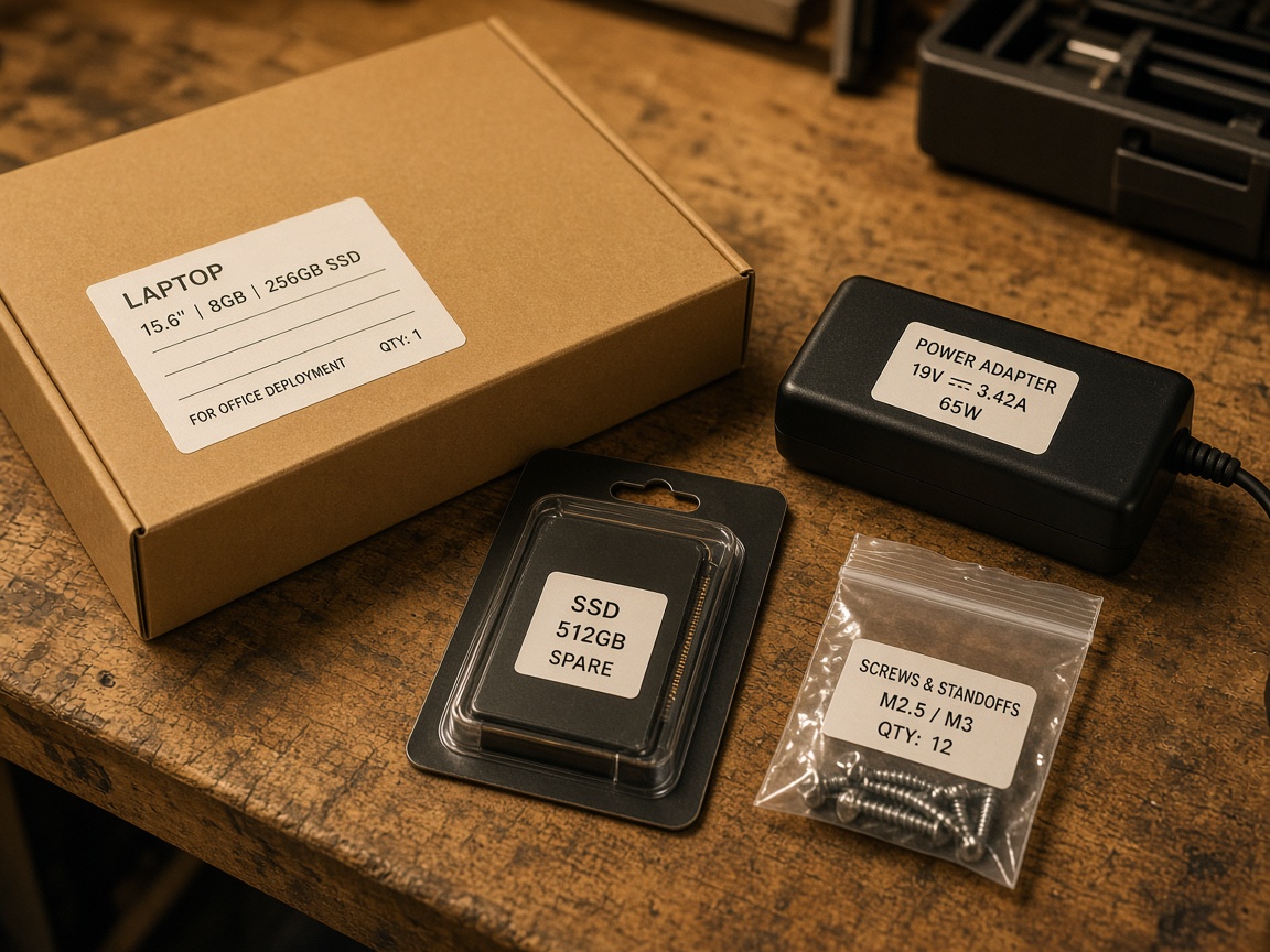 Labeled laptop box, power adapter, spare SSD, and screws staged on a workbench for office deployment